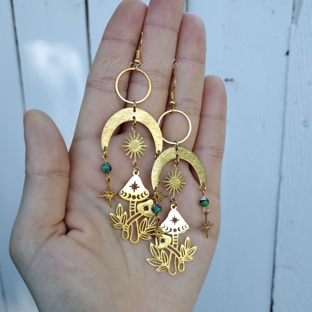 Magical Mushrooms Chandelier Earrings Stars Cottagecore Fairy Earrings Fairycore